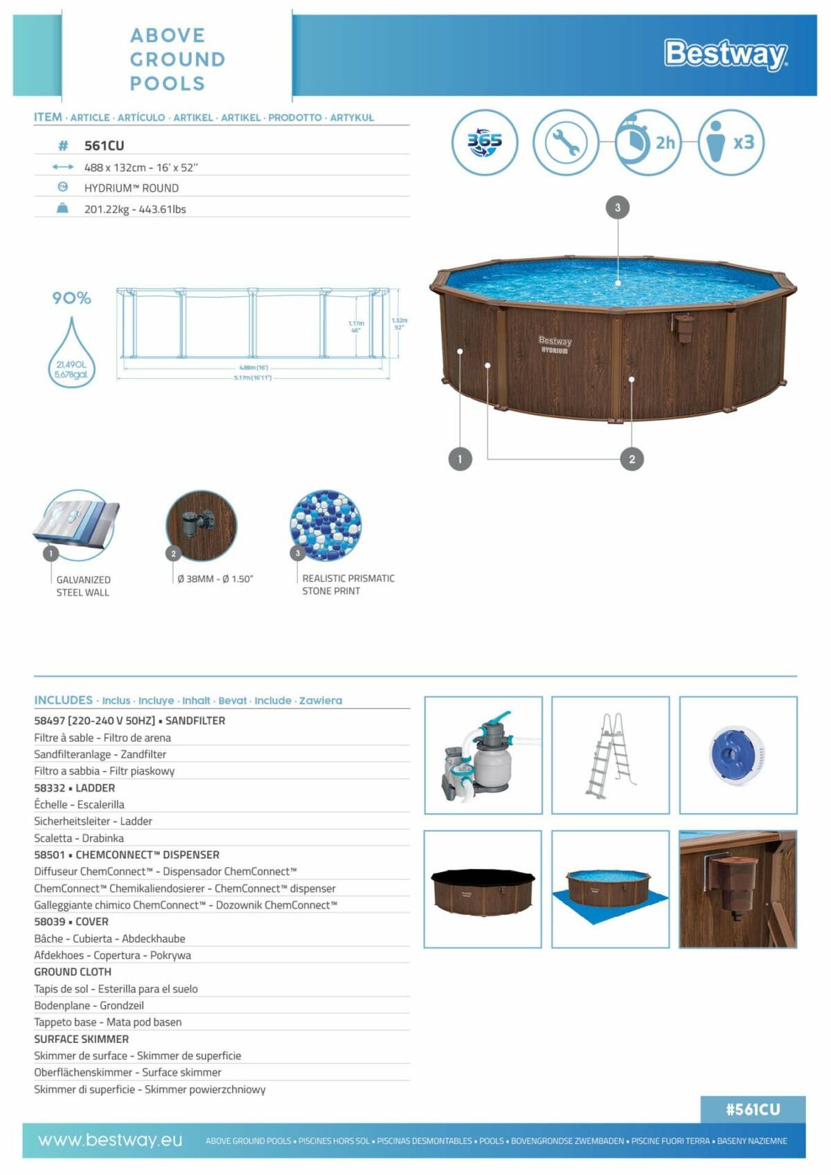 Bestway® 561CU Hydrium™ Çelik Duvarlı Prefabrik Yer Üstü Havuz Seti 4,88 m x 1,32 m 2