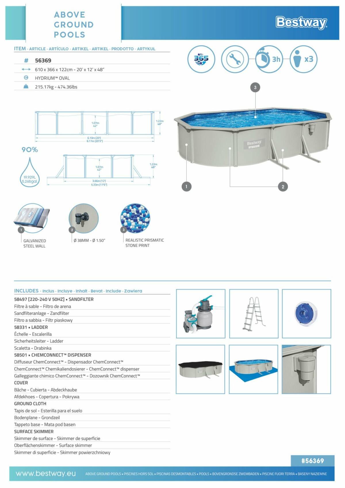 Bestway® 56369 Hydrium™ Çelik Duvarlı Prefabrik Yer Üstü Havuz Seti 6,10 m x 3,66 m x 1,22 m 3