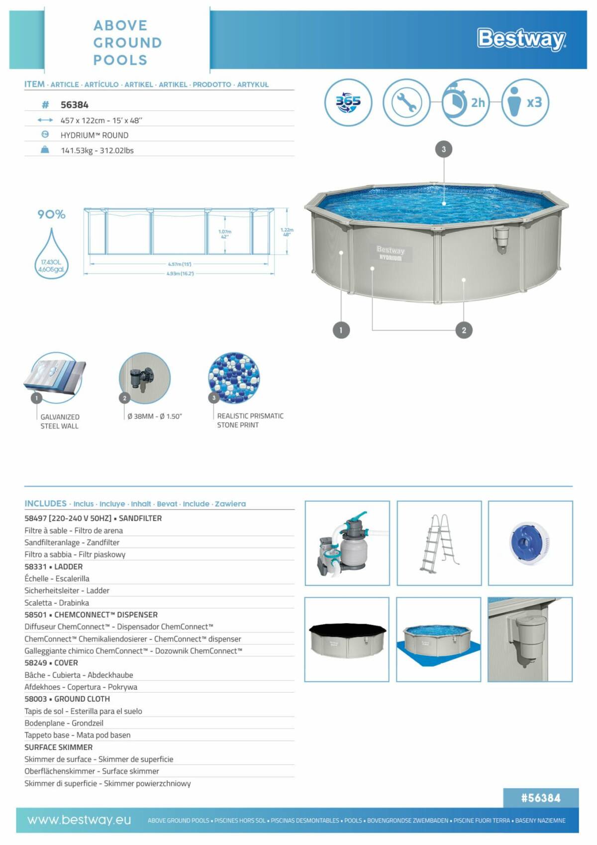 Bestway® 56384 Hydrium™ Çelik Duvarlı Prefabrik Yer Üstü Havuz Seti 4,57 m x 1,22 m 2