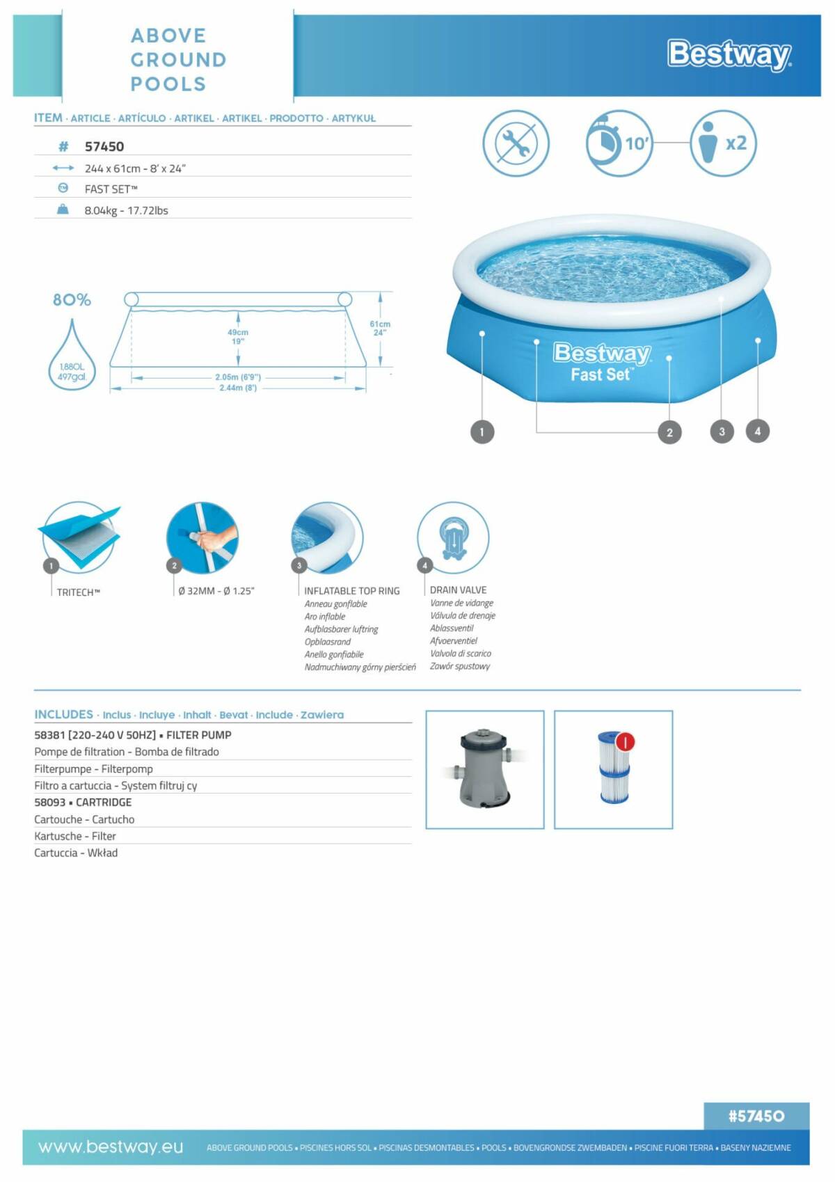 Bestway® 57450 Fast Set™ Çember Şişme Havuz Seti 2.44 m x 61 cm 3
