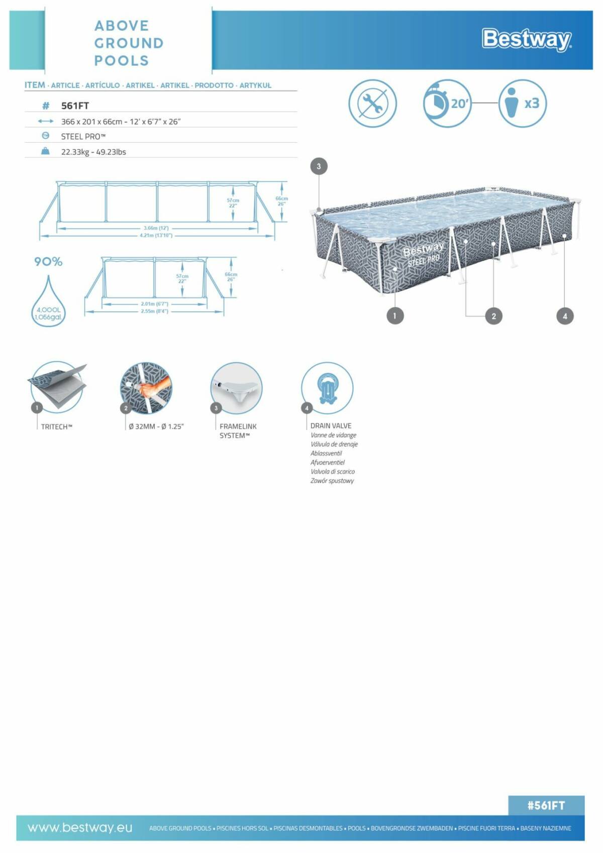 Bestway® 561FT Steel Pro® Dikdörtgen Prefabrik Yer Üstü Havuz 3,66 m x 2,01 m x 66 cm 3