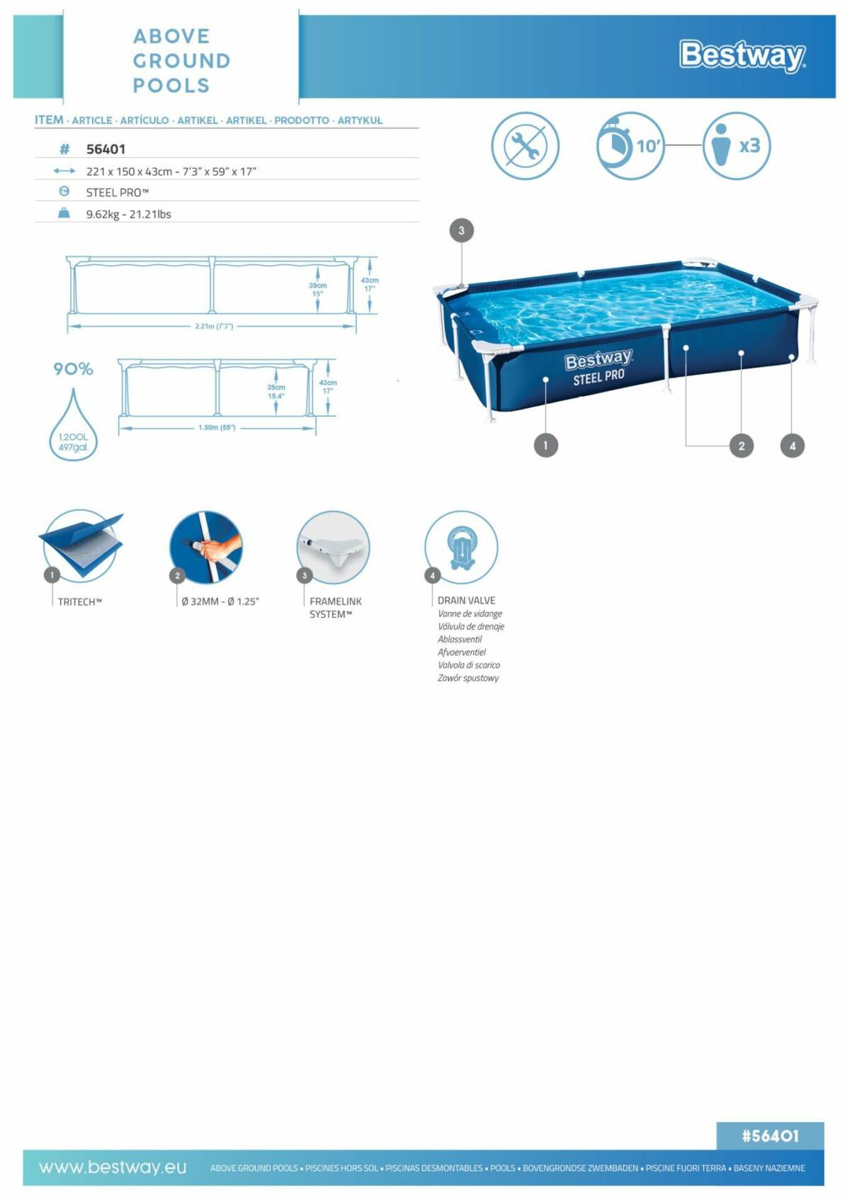 Bestway® 56401 Steel Pro™ Yer Üstü Prefabrik Dikdörtgen Havuz 2,21 m x 1,50 m x 43 cm 3