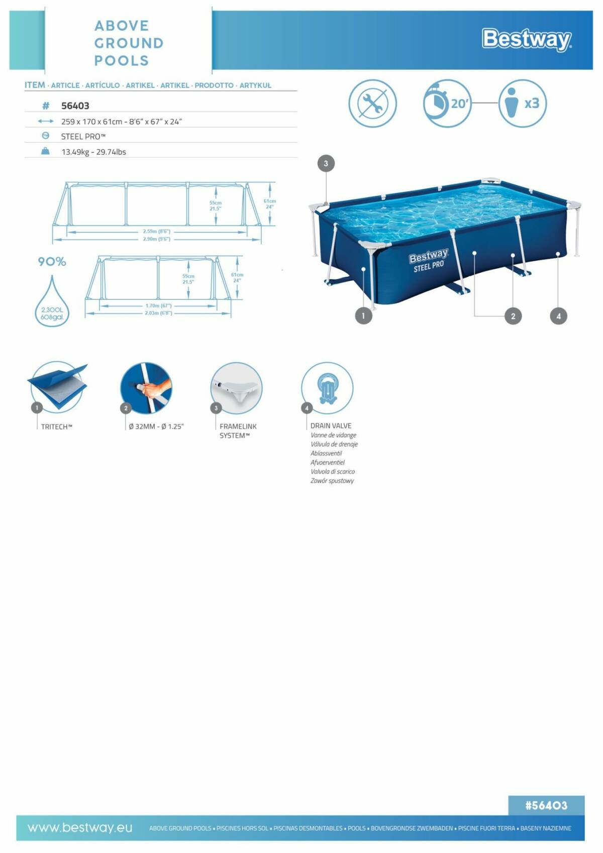 Bestway® 56403 Steel Pro® Dikdörtgen Yerüstü Prefabrik Havuz 2,59 m x 1,70 m x 61 cm 3