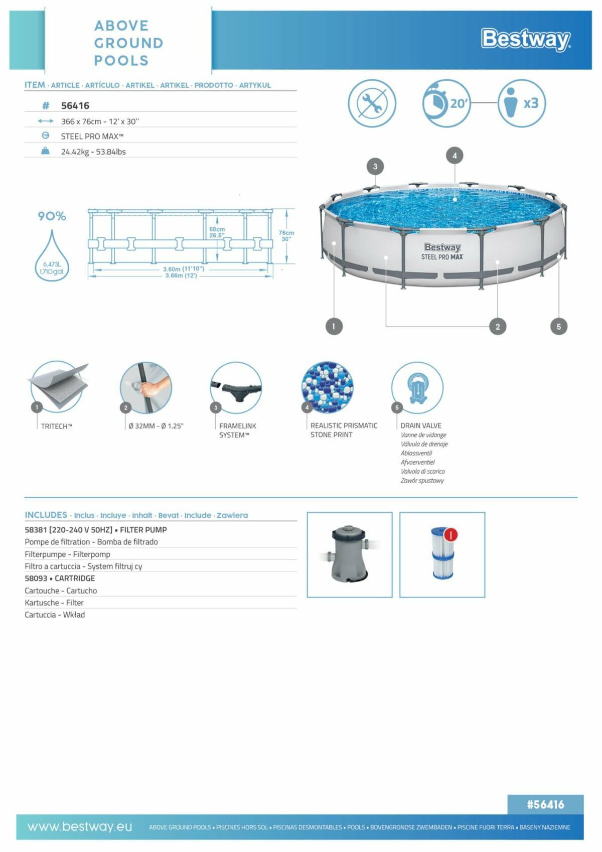 Bestway® 56416 Steel Pro MAX™ Yerüstü Prefabrik Havuz Seti 3,66 m x 76 cm 3