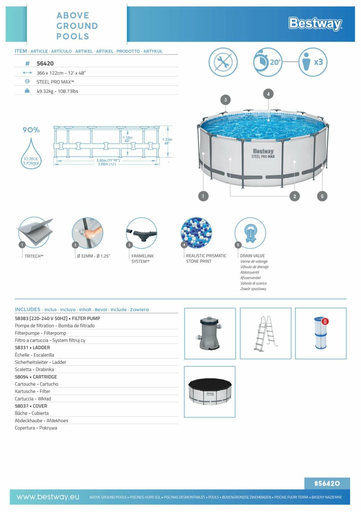 Bestway® 56420 Steel Pro MAX™ Yer Üstü Prefabrik Havuz Seti 3,66 m x 1,22 m 3
