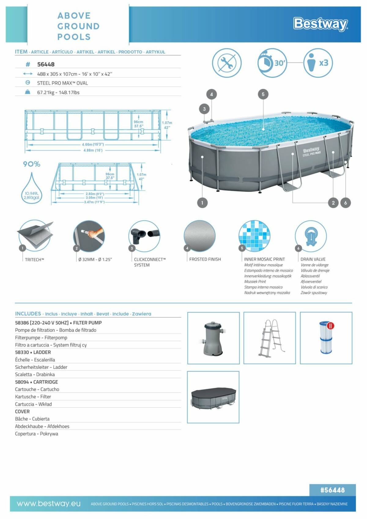 Bestway® 56448 Power Steel™ Prefabrik Yer Üstü Havuz Seti 4,88 m x 3,05 m x 1,07 m 3