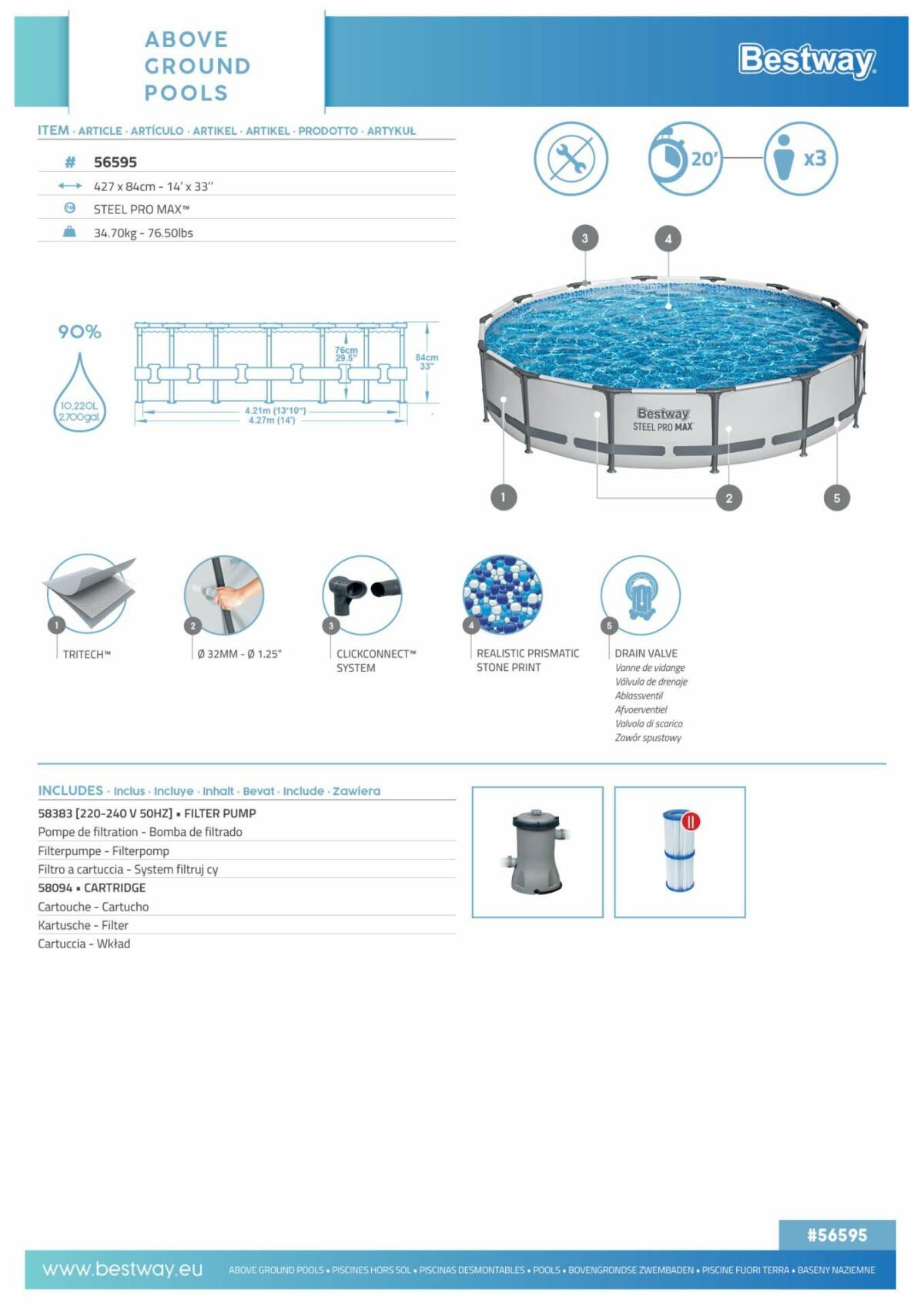 Bestway® 56595 Steel Pro MAX™ Prefabrik Yer Üstü Havuz Seti 4,27 m x 84 cm 2