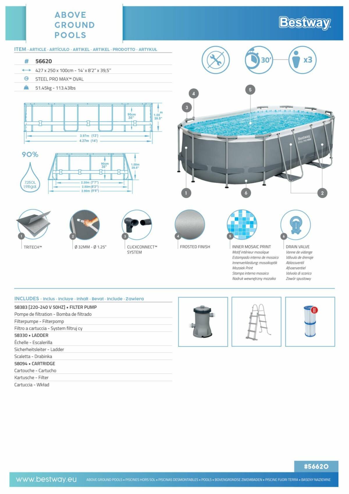 Bestway® 56620 Steel Pro MAX™ Prefabrik Yer Üstü Havuz Seti 4,27 m x 2,50 m x 100 cm 3