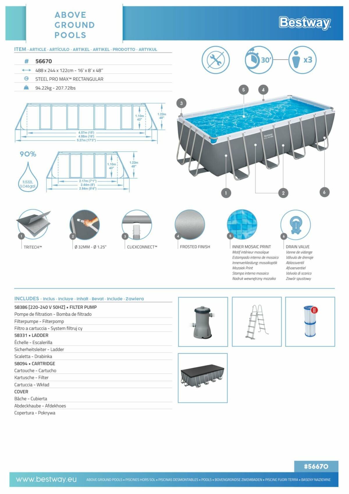Bestway® 56670 Steel Pro MAX™ Prefabrik Yer Üstü Havuz Seti 4,88 m x 2,44 m x 1,22 m 3