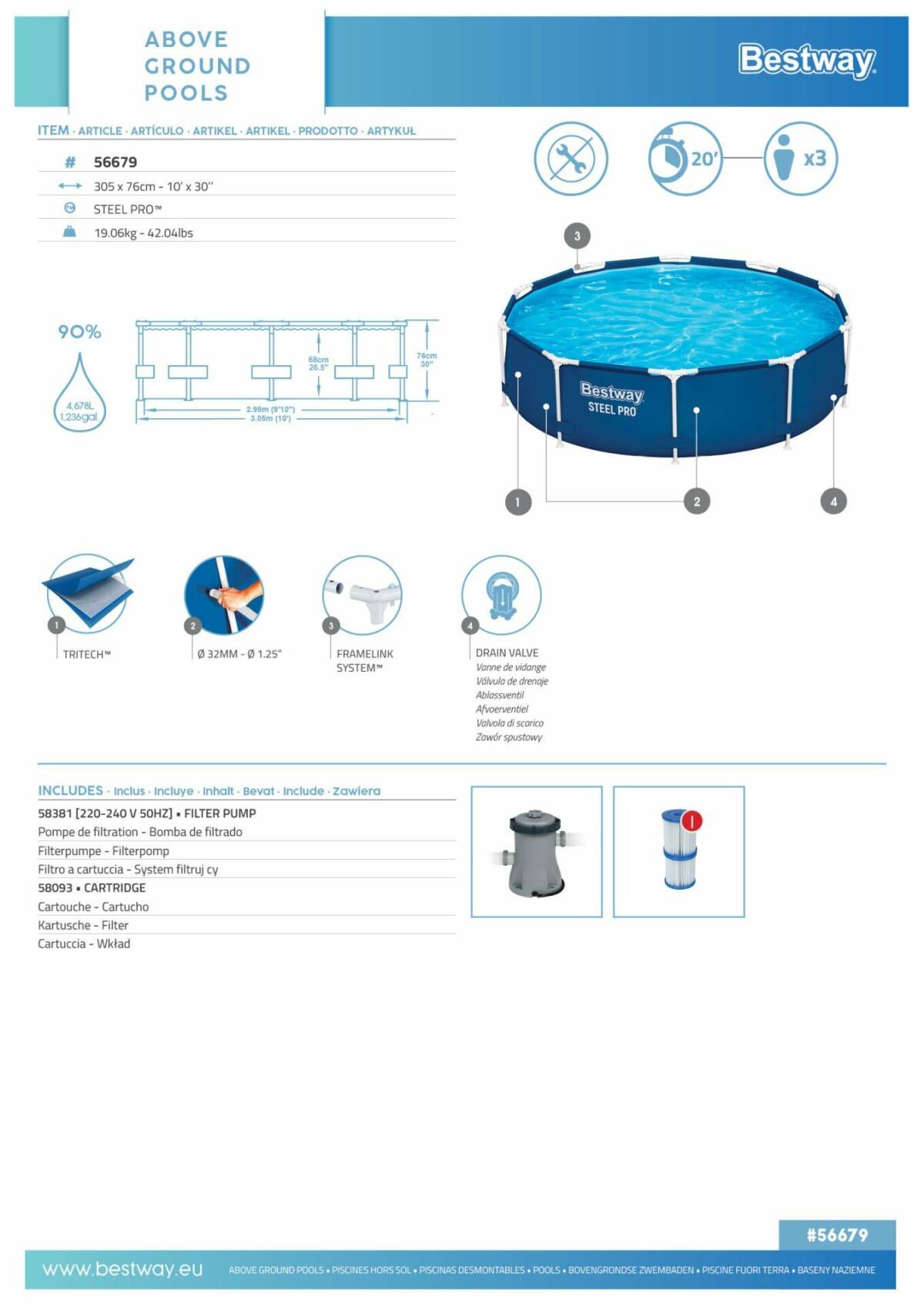 Bestway® 56679 Steel Pro™ Prefabrik Yerüstü Çember Havuz 3,05 m x 76 cm 3