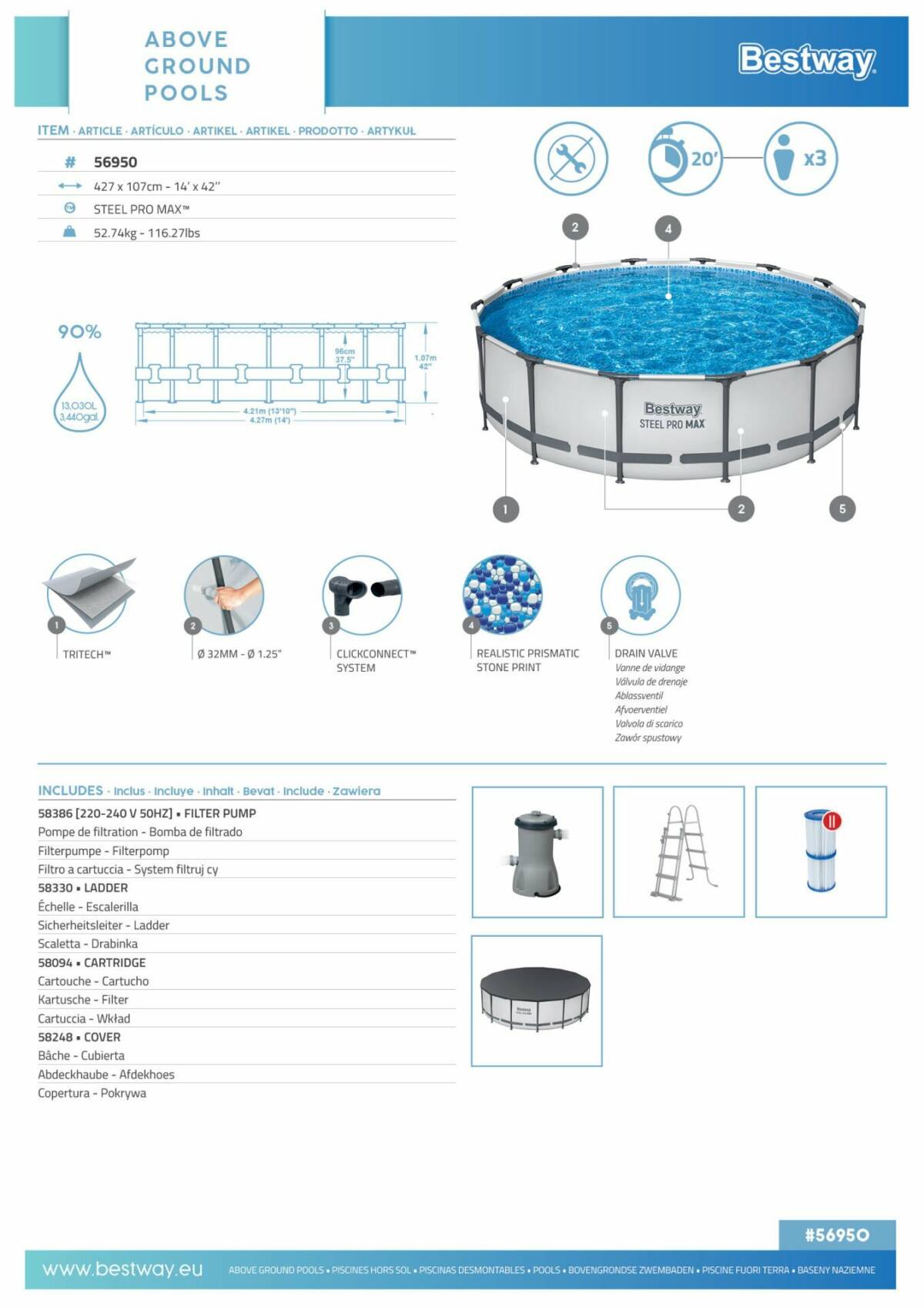 Bestway® 56950 Steel Pro MAX™ Prefabrik Yer Üstü Çember Havuz Seti 4,27 m x 1,07 m 3