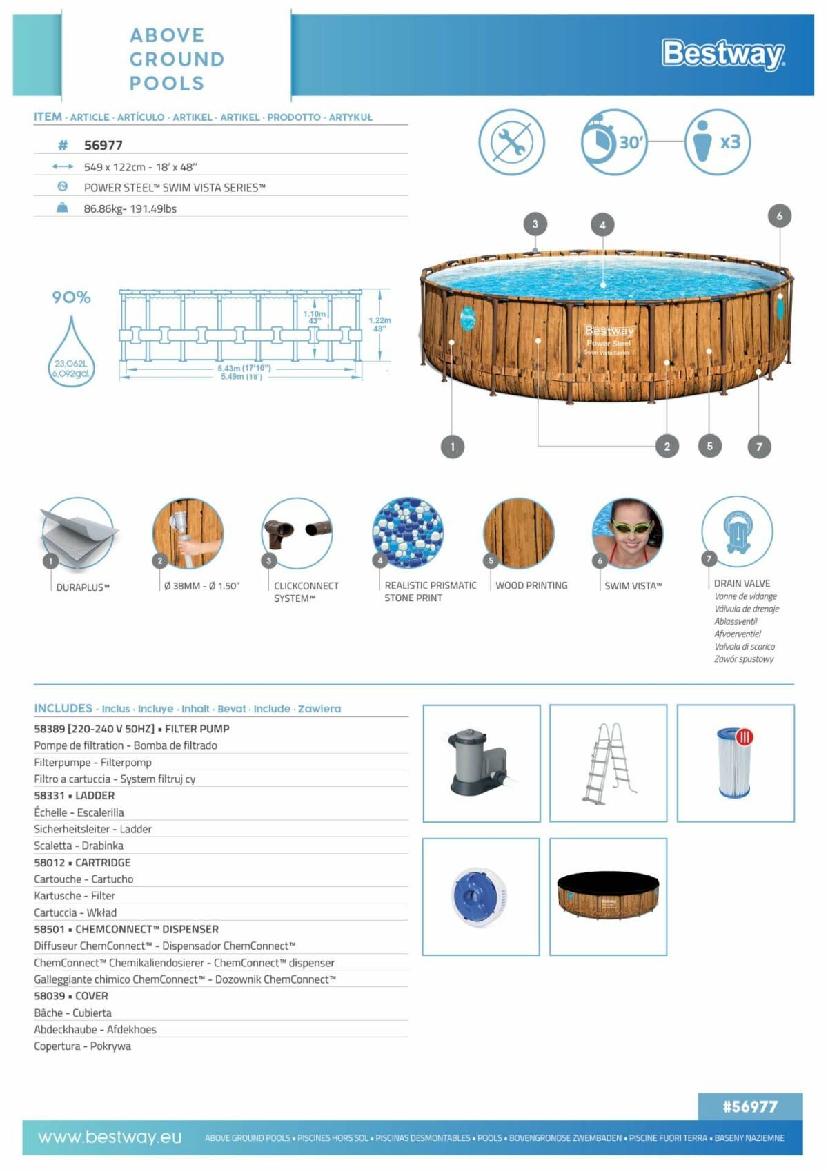 Bestway® 56977 Power Steel™ Vista Serisi 2-  Prefabrik Yer Üstü Havuz Seti 5,49 m x 1,22 m 3