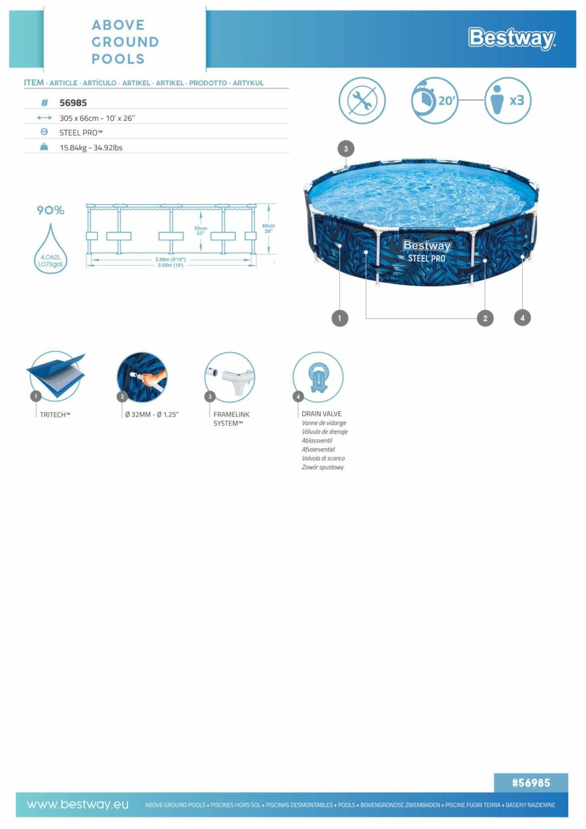 Bestway® 56985 Steel Pro®  Çember Yer Üstü Havuz 3,05 m x 66 cm 3