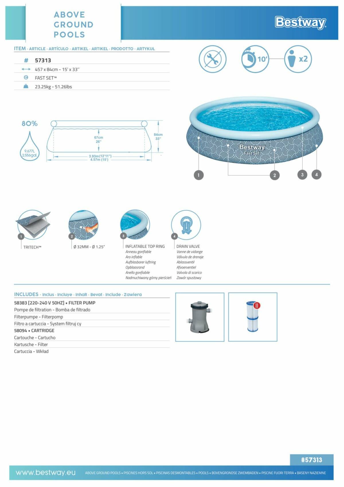 Bestway® 57313 Fast Set™ Çember Şişme Havuz Seti 457*84 cm 3