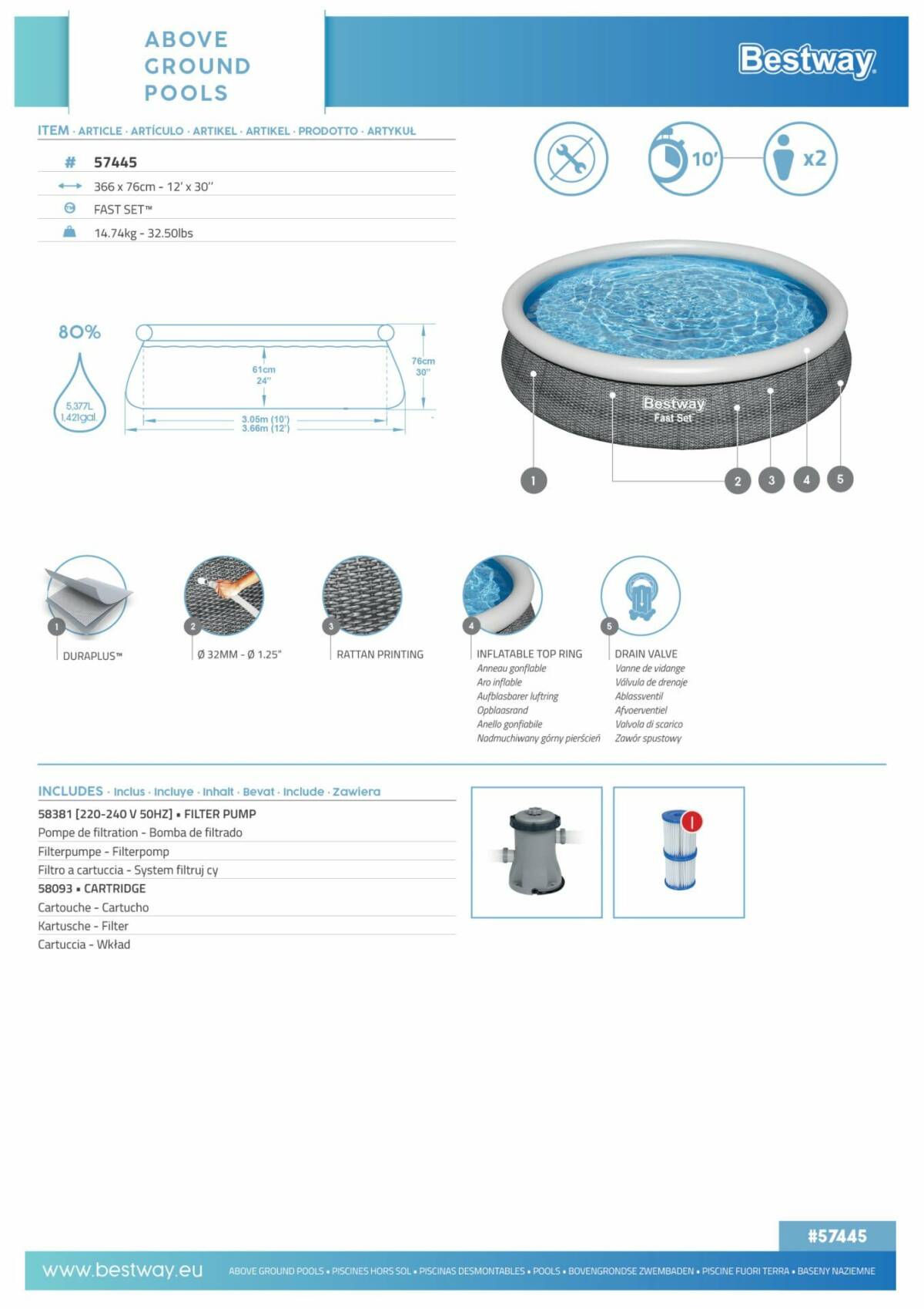 Bestway® 57445 Fast Set™ Çember Şişme Havuz Seti 3.66 m x 76 cm 3