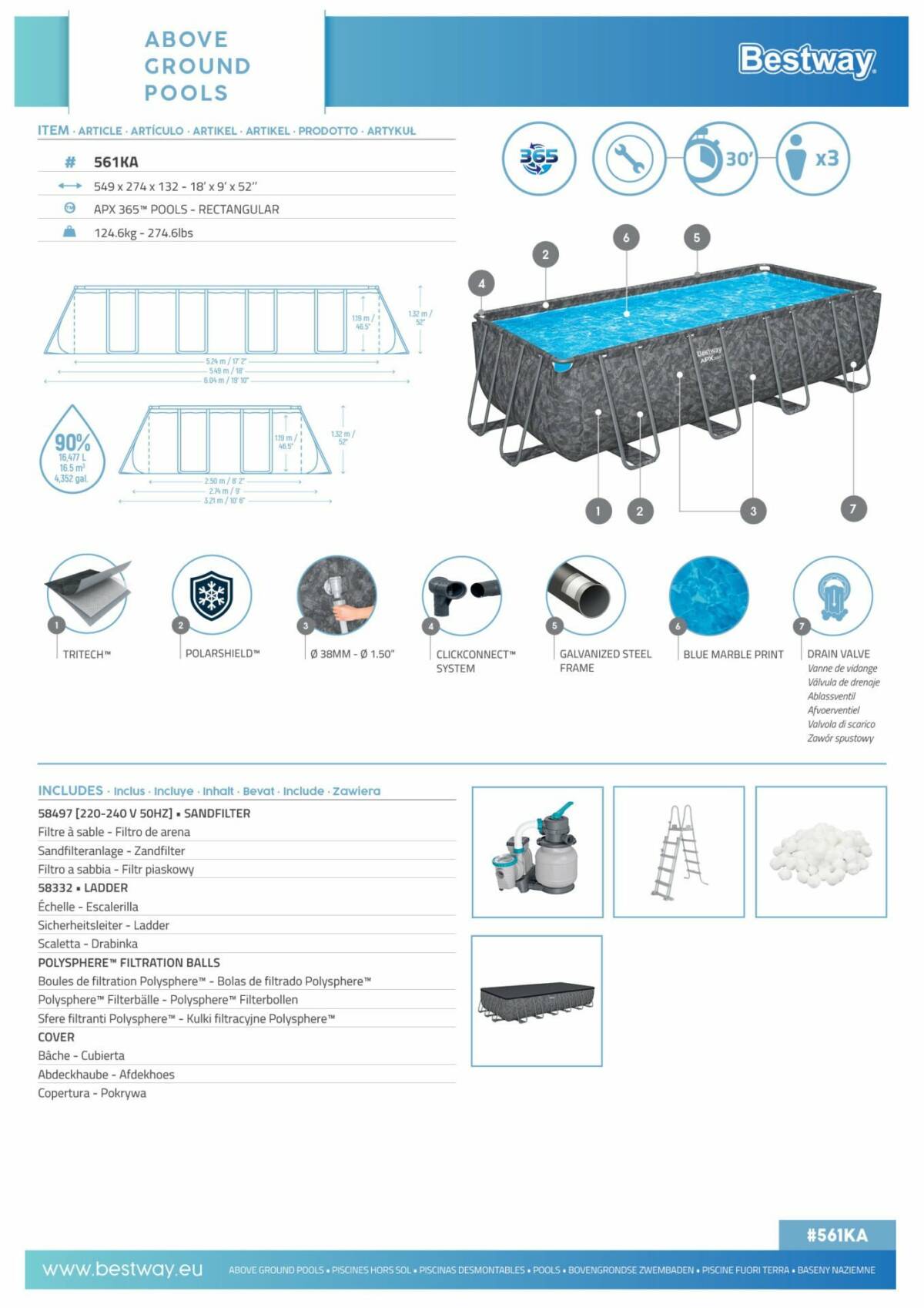 Bestway® APX 365™ 561KA Dikdörtgen Prefabrik Havuz Seti 5,49 m x 2,74 m x 1,32 m 3