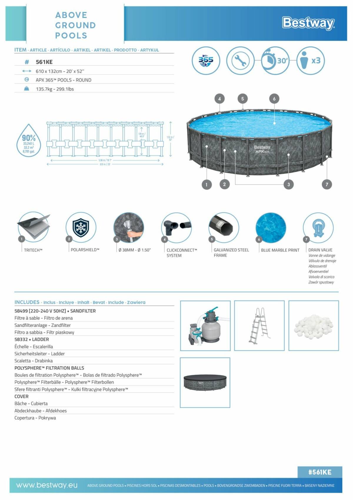 Bestway® APX 365™ 561KE Çember Prefabrik Havuz Seti 6,10 m x 1,32 m 3