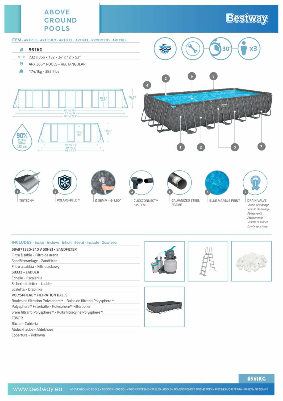 Bestway® APX 365™ 561KG  Dikdörtgen Prefabrik Havuz Seti 7,32 m x 3,66 m x 1,32 m 3