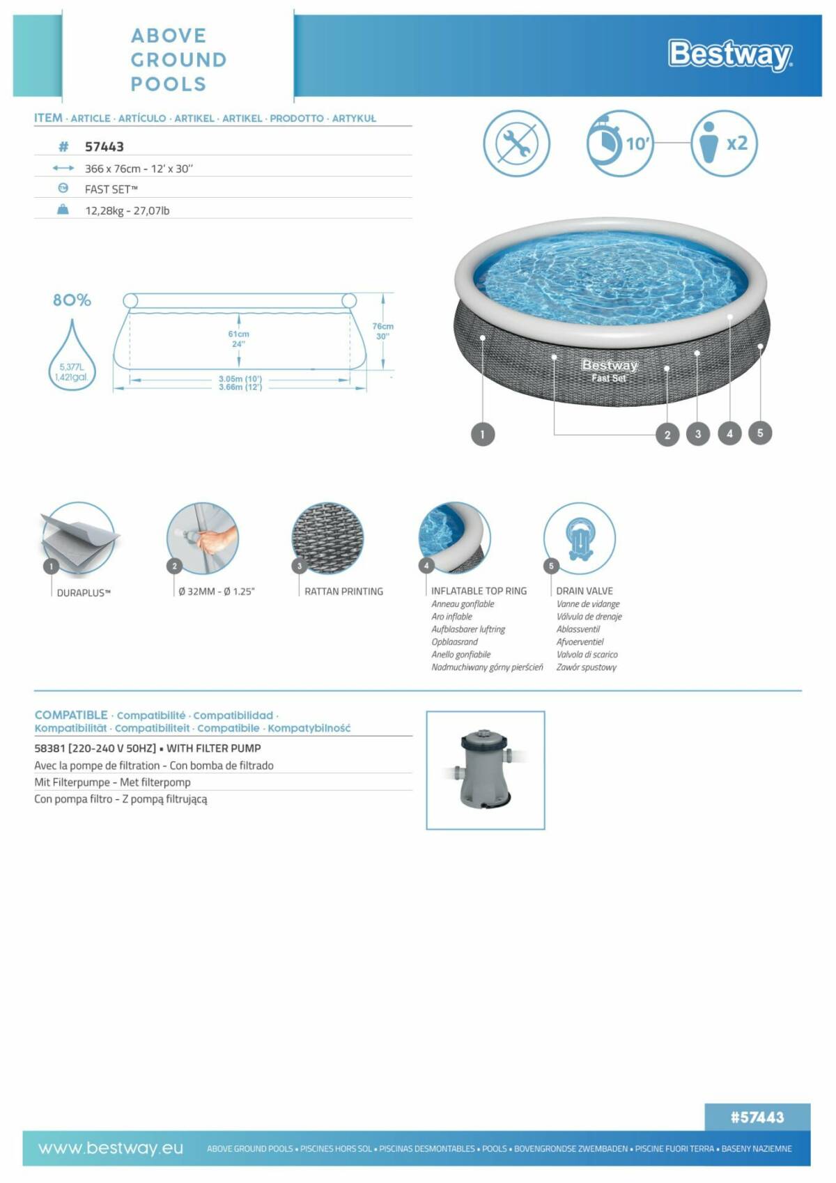 Bestway® Fast Set™ 57443 Çember Şişme Havuz 3.66 m x 76 cm 3