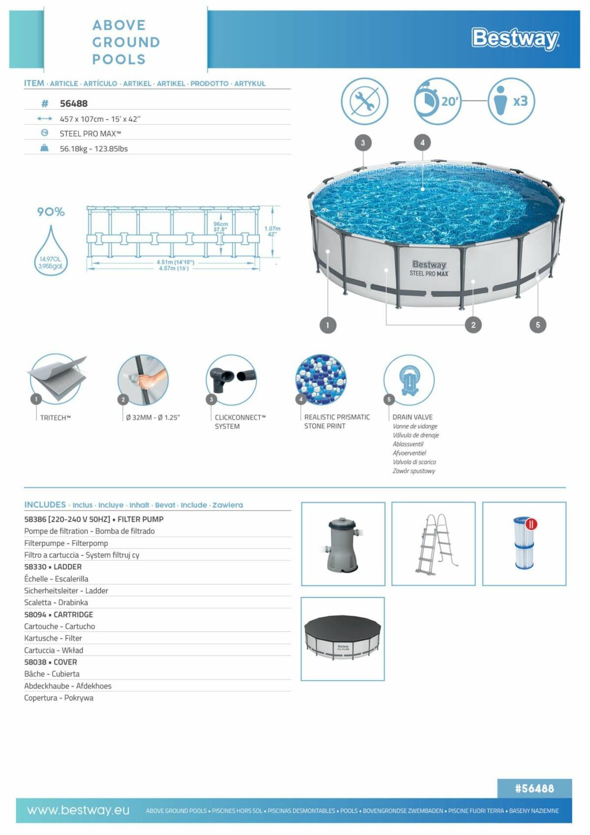 Bestway® Steel Pro MAX™ 56488 Prefabrik Yer Üstü Havuz Seti 4,57 m x 1,07 m 3