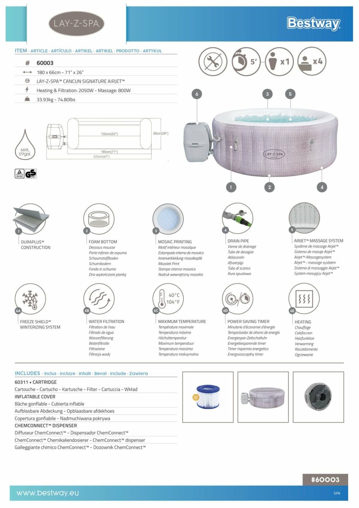 Lay-Z-Spa® 60003 Cancun Signature AirJet™ Şişme Spa Havuzu, 2-4 kişilik 3