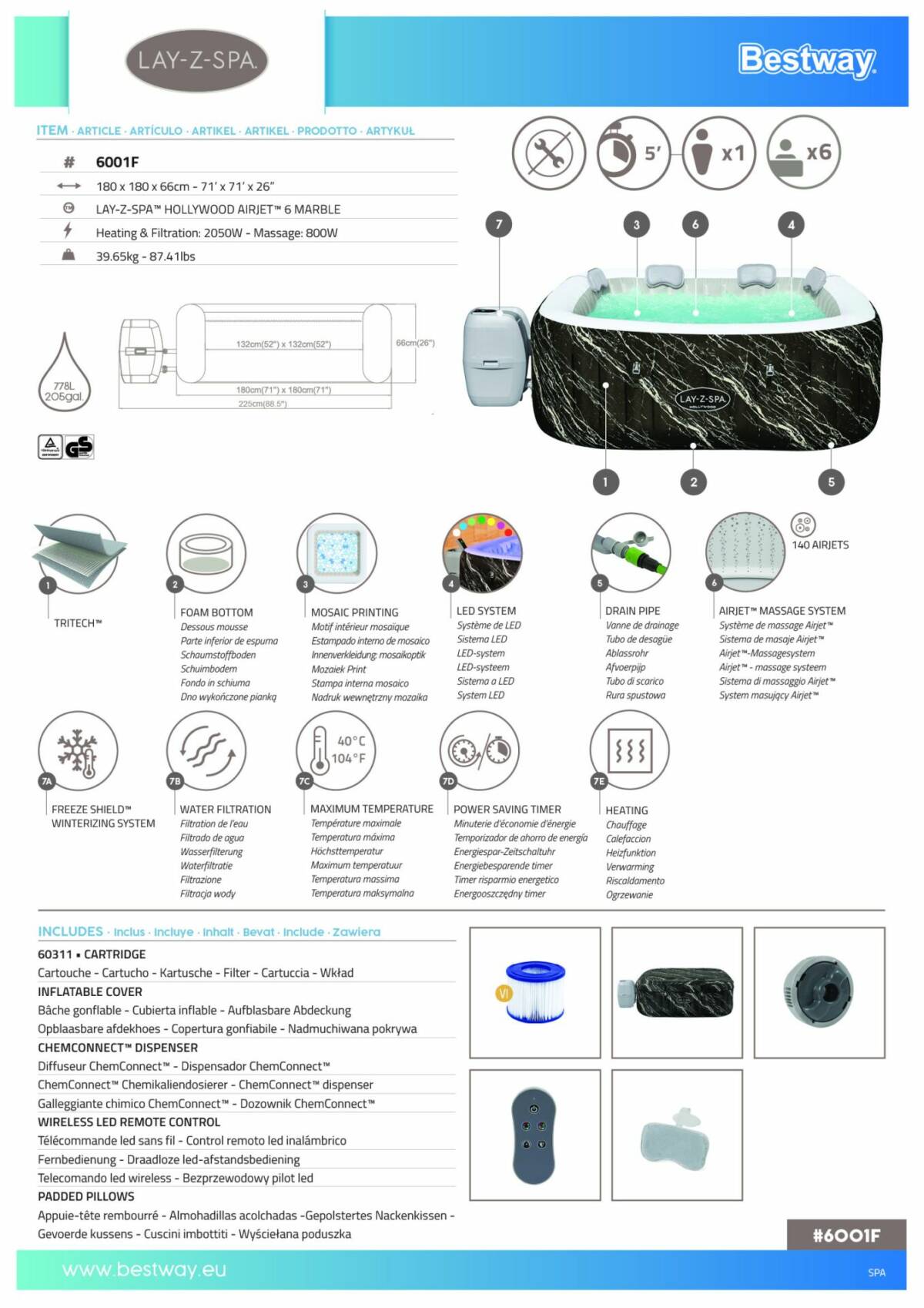 Lay-Z-Spa® 6001F Hollywood Energy-Efficient Luxe AirJet™ Şişme Spa Havuzu, LED ışıklı, 4-6 kişilik 3