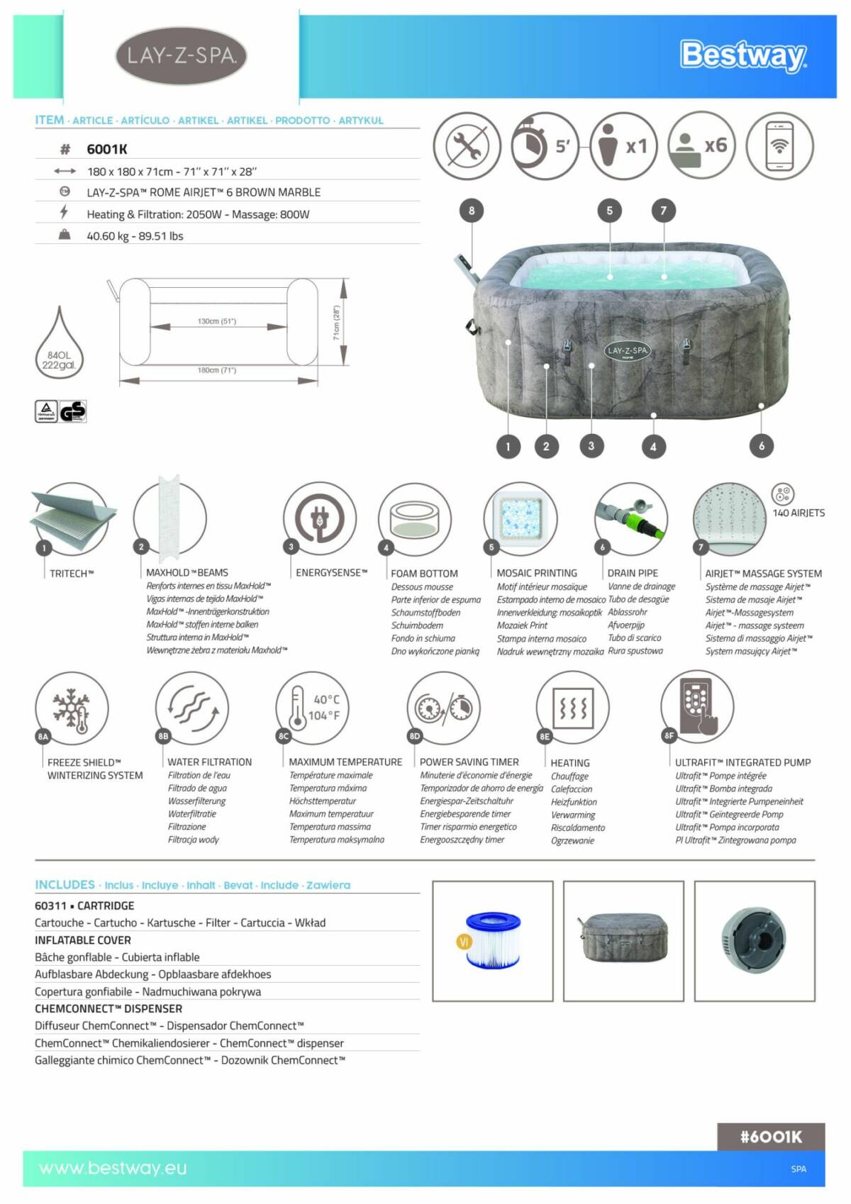 Lay-Z-Spa® 6001K Rome Smart AirJet™ Enerji Tasarruflu Şişme Spa Havuzu, Mobil Uygulama Kontrollü, 4-6 kişilik 3