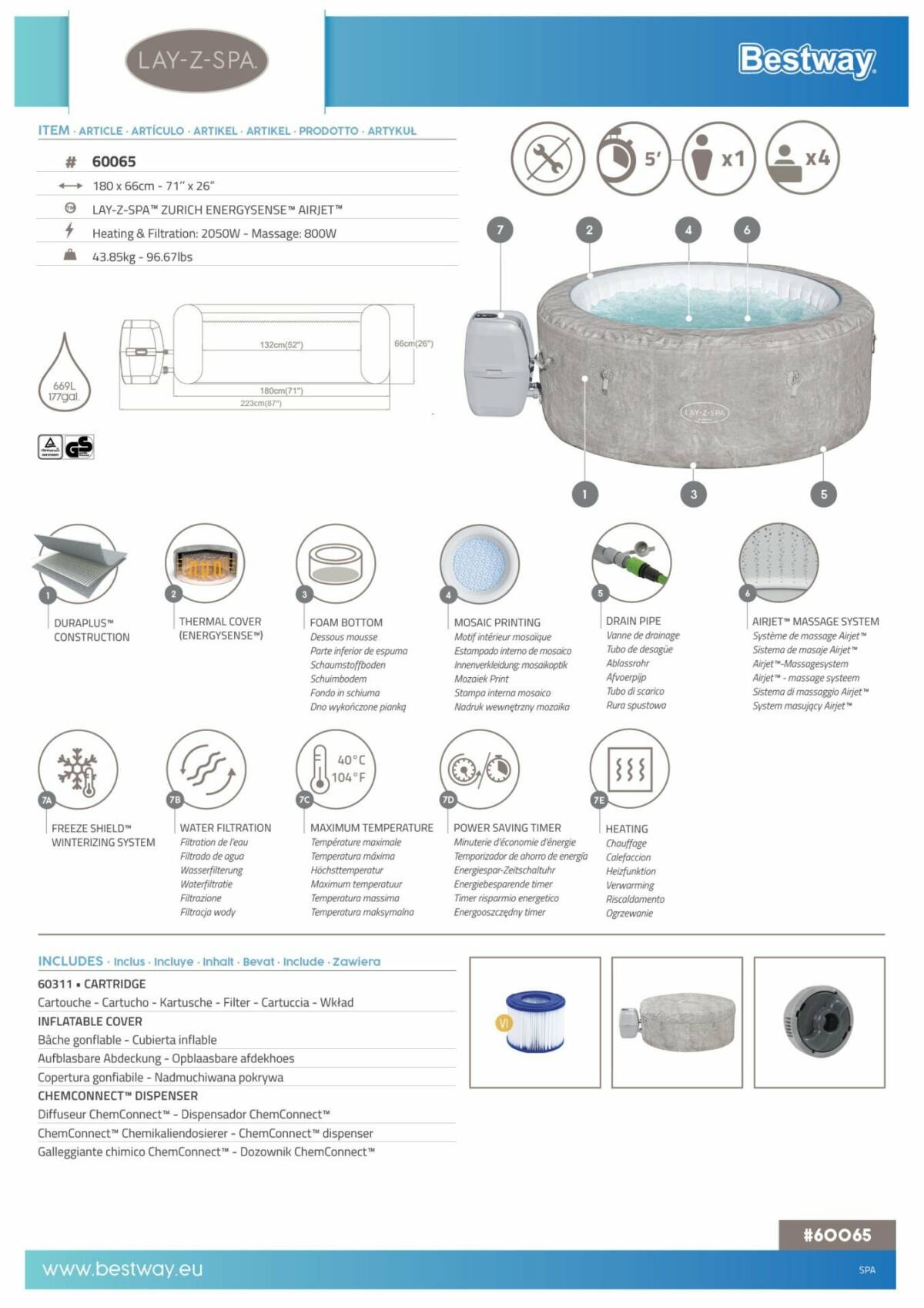 Lay-Z-Spa® 60065 Zurich EnergySense Signature AirJet™ Şişme Spa Havuzu, 2-4 kişilik 3