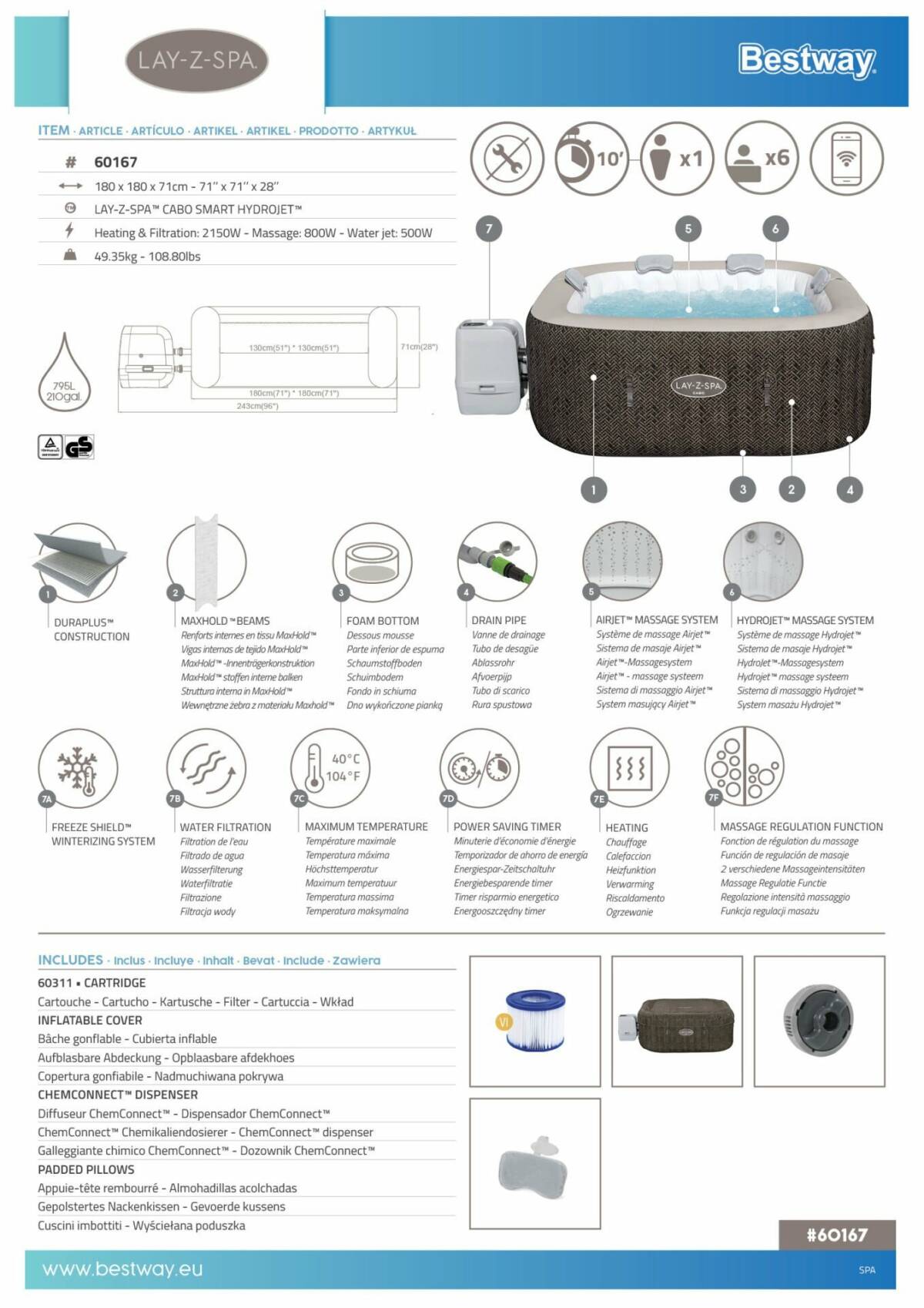 Lay-Z-Spa® 60167 Cabo Smart HydroJet™ Şişme Spa Havuzu, Mobil Uygulama Kontrollü, 4-6 kişilik 3