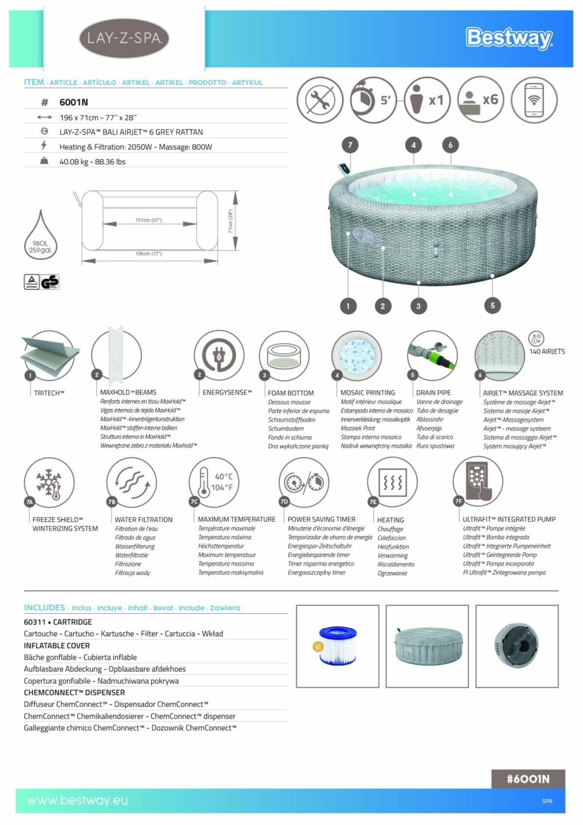Lay-Z-Spa® Bali Smart AirJet™ 6001N Enerji Tasarruflu Şişme Spa Havuzu, Mobil Uygulama Kontrollü, 4-6 kişilik 3