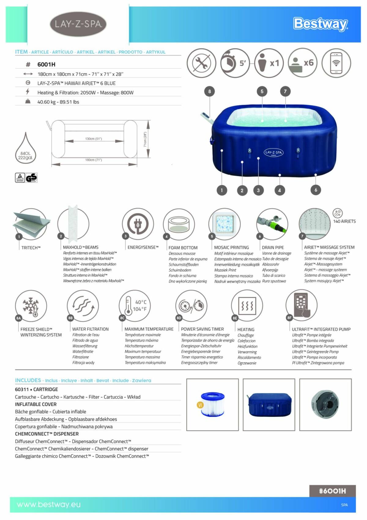 Lay-Z-Spa® Hawaii Smart AirJet™ 6001H Enerji Tasarruflu Şişme Spa Havuzu, Mobil Uygulama Kontrollü, 4-6 kişilik 3