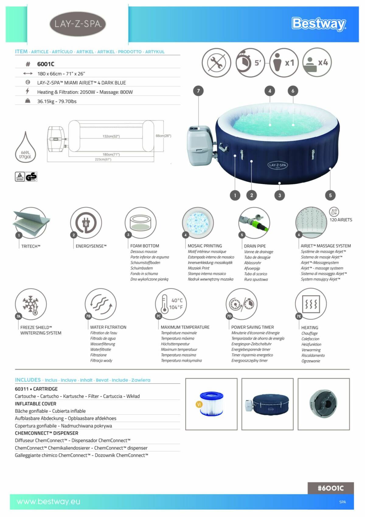 Lay-Z-Spa® Miami AirJet™ 6001C Enerji Tasarruflu Şişme Spa Havuzu, 2-4 kişilik 3