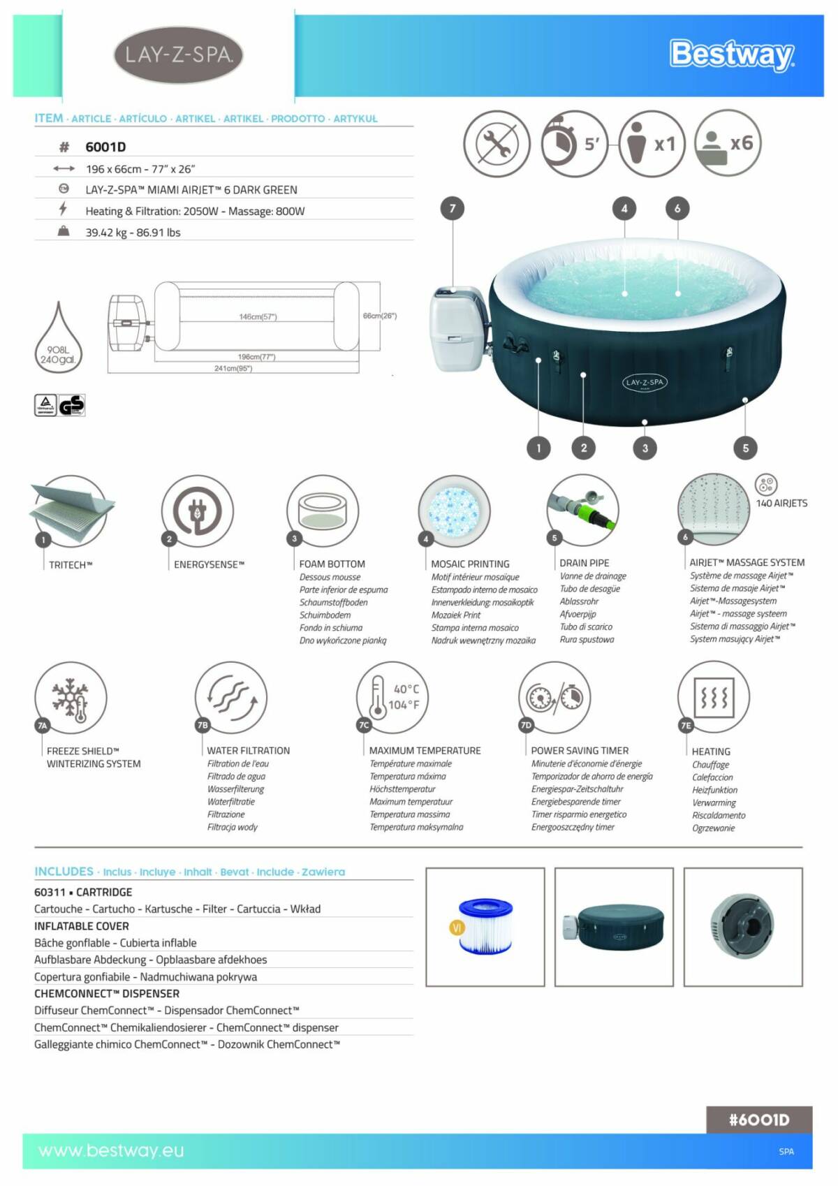 Lay-Z-Spa® Miami AirJet™ 6001D Enerji Tasarruflu Şişme Spa Havuzu,4-6 kişilik 3